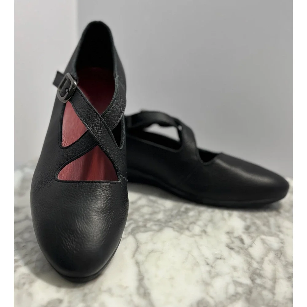 Arche Mary Jane Flats 36 Black Leather Criss Cross Strap Buckle Low Wedge France